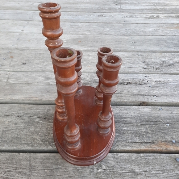 Vintage MCM mid-century modern dark wooden candlestick 5 graduated candelabra - Picture 5 of 9